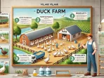 DALL·E 2025-02-14 23.53.13 – A successful village duck farm with a well-managed environment. The image shows a farmer overseeing healthy ducks in a clean, spacious enclosure with